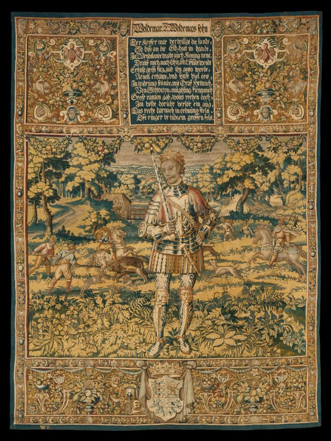 Valdemar Sejr fremstillet i et fredeligt landskab med en jagtscene. Hans Knipers Kronborgtapet fra 1582-84. Valdemar Sejr fremstillet i et fredeligt landskab med en jagtscene. Hans Knipers Kronborgtapet fra 1582-84.