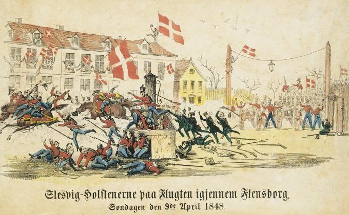 Anskuelsesbillede, der viser slesvig-holsterne på flugt gennem Flensborg efter Slaget ved Bov. Anskuelsesbillede, der viser slesvig-holsterne på flugt gennem Flensborg efter Slaget ved Bov.