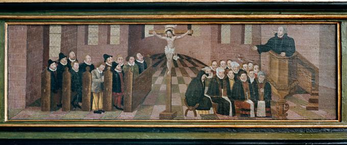Fodstykke til altertavle i Tinglev Kirke, dateret til 1550-1600. Det afbilleder en protestantisk gudstjeneste med præsten på prædikestolen samt mændene på bænke, mens kvinderne sidder på skamler. Fodstykke til altertavle i Tinglev Kirke, dateret til 1550-1600. Det afbilleder en protestantisk gudstjeneste med præsten på prædikestolen samt mændene på bænke, mens kvinderne sidder på skamler.