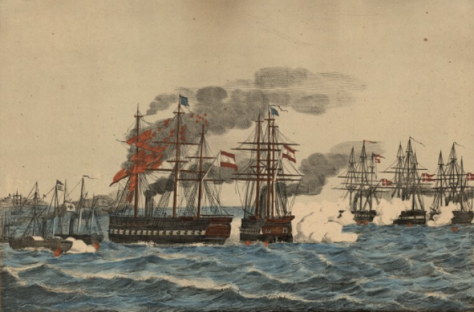 Fremstilling af Slaget ved Helgoland fra 1864. Fra venstre ses de østrigske fregatter Schwarzenberg og Radetzky, herefter følger de to danske fregatter Niels Juul og Jylland samt korvetten Heimdal. Fremstilling af Slaget ved Helgoland fra 1864. Fra venstre ses de østrigske fregatter Schwarzenberg og Radetzky, herefter følger de to danske fregatter Niels Juul og Jylland samt korvetten Heimdal.