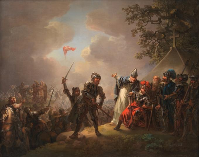 C.A. Lorentzens maleri "Dannebrog falder ned fra himlen under Volmerslaget ved Lyndanisse (Tallin) i Estland den 15. juni 1219" fra 1809. C.A. Lorentzens maleri "Dannebrog falder ned fra himlen under Volmerslaget ved Lyndanisse (Tallin) i Estland den 15. juni 1219" fra 1809.