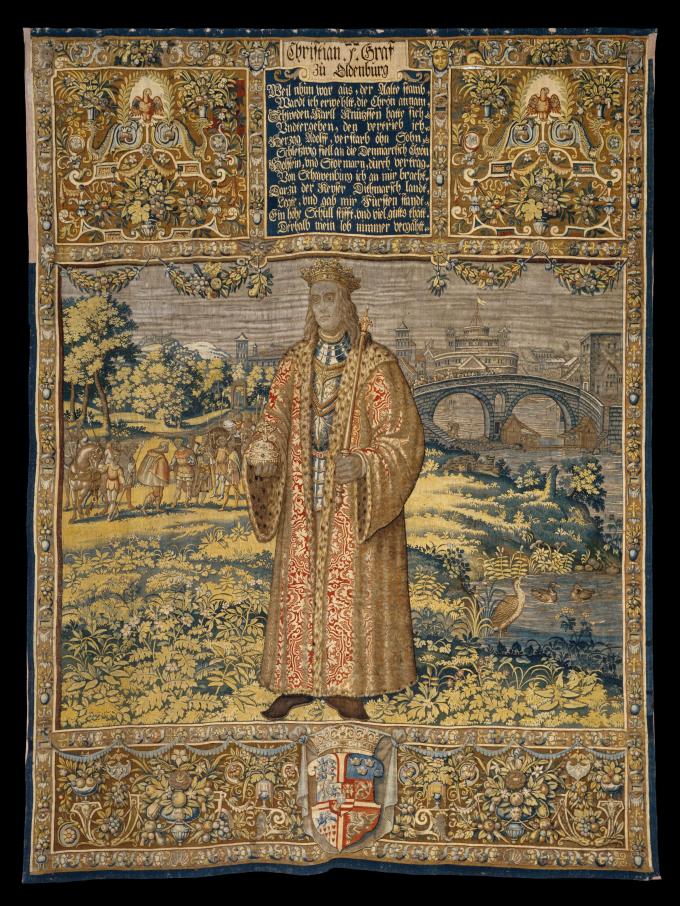 Christian 1. fremtillet på Hans Knipers Kronborgtapet fra 1582-1584. Kongen er her vist stående foran Rom med bl.a. Engelsborg, som han valfartede til i 1474-1475. Christian 1. fremtillet på Hans Knipers Kronborgtapet fra 1582-1584. Kongen er her vist stående foran Rom med bl.a. Engelsborg, som han valfartede til i 1474-1475.