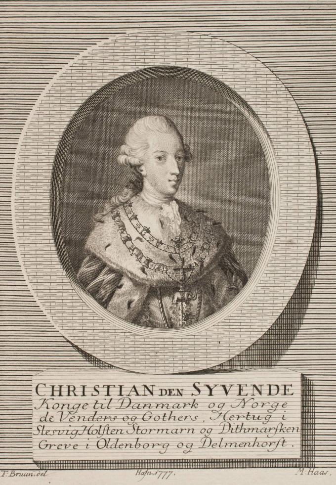 Christian 7. Kobberstik af Meno Haas fra 1777 efter tegning af Thomas Bruun. Christian 7. Kobberstik af Meno Haas fra 1777 efter tegning af Thomas Bruun.