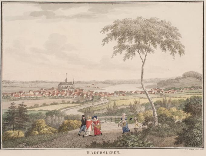 Farvelagt radering fra 1823 af Søren L. Lange. Vor Frue Kirke, den senere domkirke, troner højt over byen. Farvelagt radering fra 1823 af Søren L. Lange. Vor Frue Kirke, den senere domkirke, troner højt over byen.