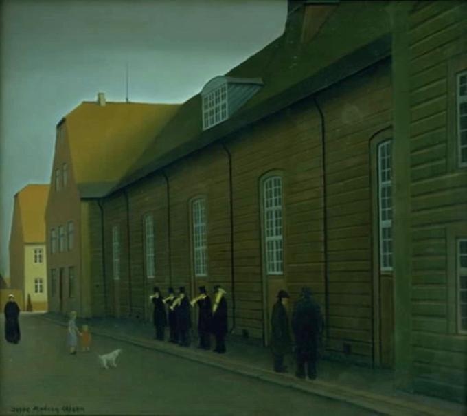 Jeppe Madsen-Ohlsens maleri "Der spilles for dødsfald i Brødremenigheden" fra 1936-37. Jeppe Madsen-Ohlsens maleri "Der spilles for dødsfald i Brødremenigheden" fra 1936-37.