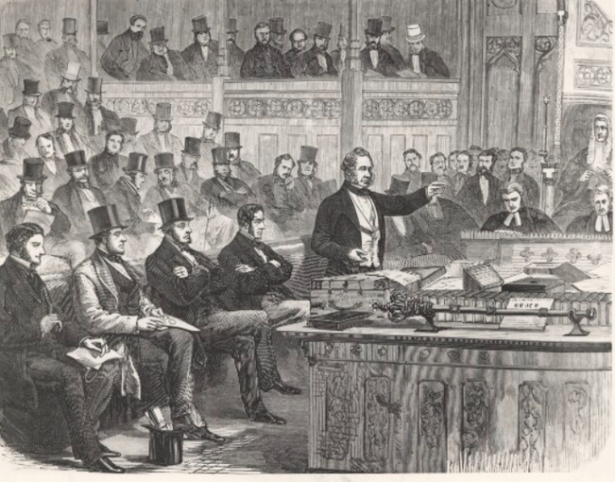 Lord Palmerstone taler om den dansk-tyske konflikt i det engelske underhus under Londonkonferencen. Tegning i Illustreret Tidende i 1864. Lord Palmerstone taler om den dansk-tyske konflikt i det engelske underhus under Londonkonferencen. Tegning i Illustreret Tidende i 1864.