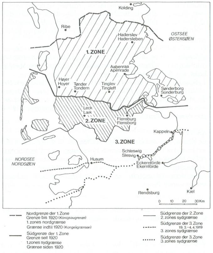 Kort over afstemningszonerne i Slesvig. Kort over afstemningszonerne i Slesvig.