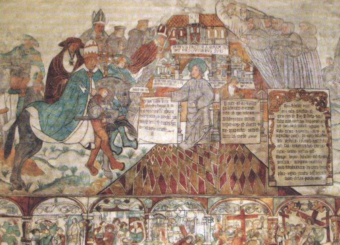 Et af reformationensmalerierne i Brøns Kirke fra ca. 1531. Paven, en kardinal og to biskopper kan ikke komme ind i Himmelborgen. Et af reformationensmalerierne i Brøns Kirke fra ca. 1531. Paven, en kardinal og to biskopper kan ikke komme ind i Himmelborgen.