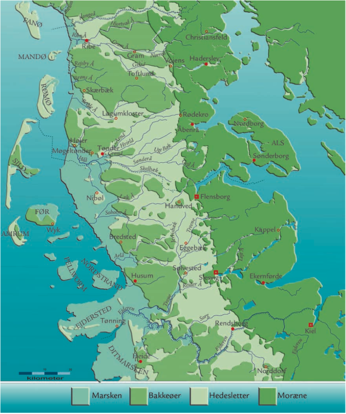 Kort med de forskellige landskabstyper i Sønderjylland. Kort med de forskellige landskabstyper i Sønderjylland.