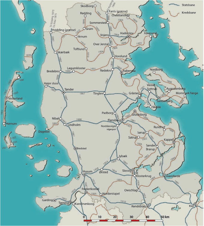 Kort med etableringsåret for de forskellige jernbanestrækninger i Slesvig. Kort med etableringsåret for de forskellige jernbanestrækninger i Slesvig.