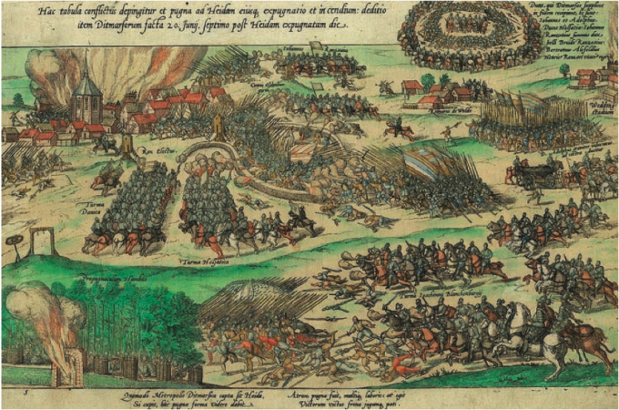 Slaget ved Heide under Ditmarskenfelttoget 1559. Illustrationen er udført af Franz Hogenberg 1589 til en bog om Frederik 2.s liv. Man ser de forskellige hærenheder, flere faser af slaget, og øverst til højre ditmarskernes overgivelse. Slaget ved Heide under Ditmarskenfelttoget 1559. Illustrationen er udført af Franz Hogenberg 1589 til en bog om Frederik 2.s liv. Man ser de forskellige hærenheder, flere faser af slaget, og øverst til højre ditmarskernes overgivelse.