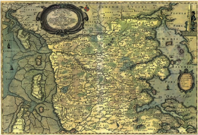 Johannes Mejers kort over den nordlige del af hertugdømmet Slesvig, opmålt 1642-48 og trykt 1652. Johannes Mejers kort over den nordlige del af hertugdømmet Slesvig, opmålt 1642-48 og trykt 1652.