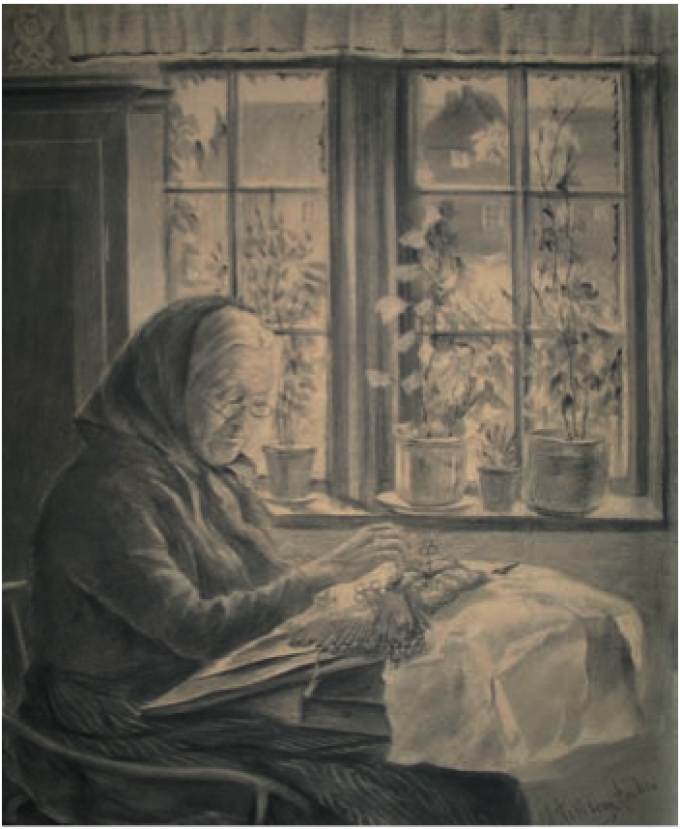 Kniplersken Lisette Dyhrberg, Rørkær (1838-1928). Kultegning af H.P. Feddersen 1915 Kniplersken Lisette Dyhrberg, Rørkær (1838-1928). Kultegning af H.P. Feddersen 1915
