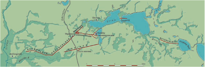 De enkelte dele af Danevirke-komplekset. De enkelte dele af Danevirke-komplekset.
