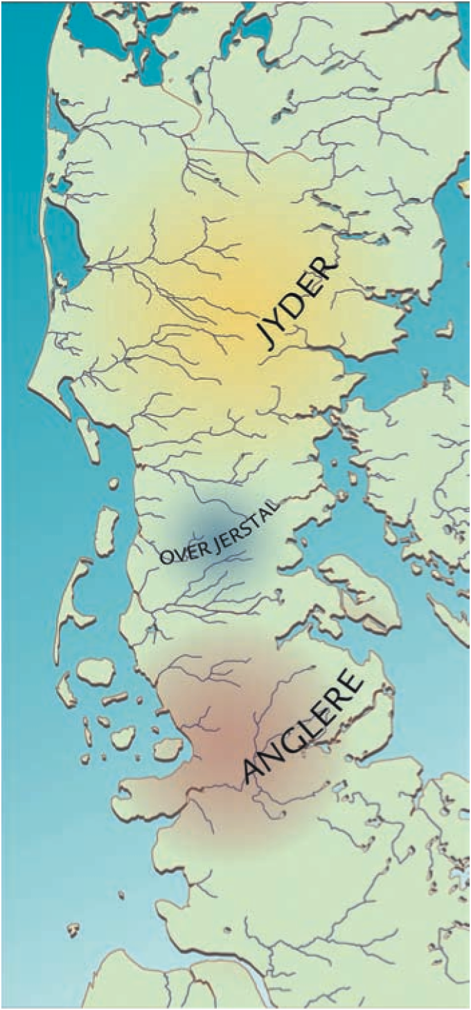 Over Jerstal-Kredsens stammeområde klemt inde mellem anglere og jyder. Over Jerstal-Kredsens stammeområde klemt inde mellem anglere og jyder.