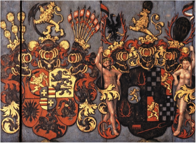 Hertug Alexander og hertuginde Dorotheas våbenskjolde på orgelfacaden i Dronning Dorotheas Kapel på Sønderborg Slot, malet 1626. Hertug Alexander og hertuginde Dorotheas våbenskjolde på orgelfacaden i Dronning Dorotheas Kapel på Sønderborg Slot, malet 1626.