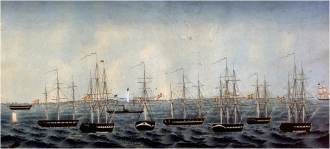 Hele ni skibe fra reder Chr. Petersen i Sønderborg på reden i Cuxhaven i 1844. Hele ni skibe fra reder Chr. Petersen i Sønderborg på reden i Cuxhaven i 1844.