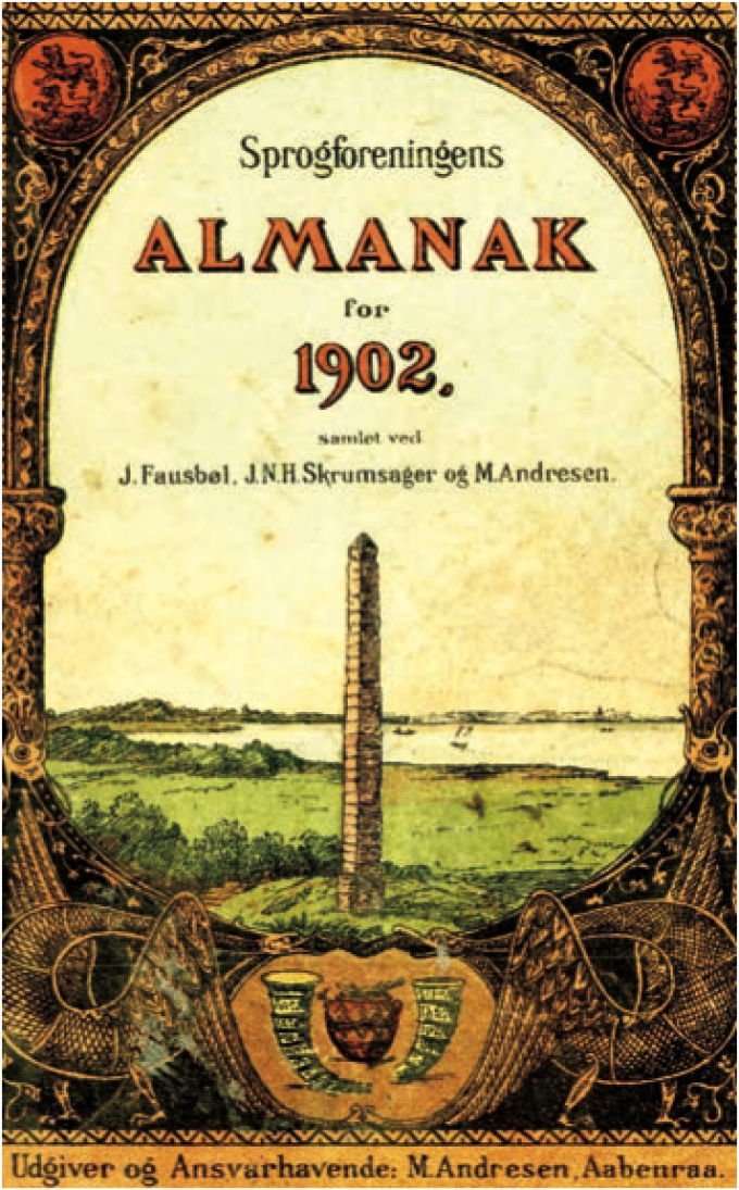 Forsiden af Sprogforeningens Almanak for året 1902. Tegneren er ukendt.  Forsiden af Sprogforeningens Almanak for året 1902. Tegneren er ukendt.