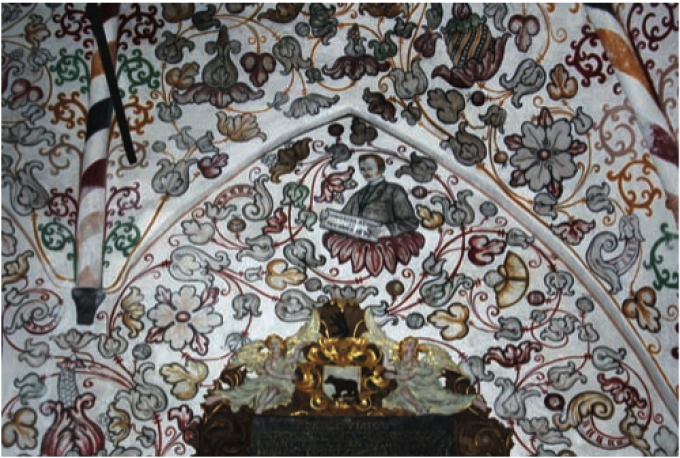 Wilckens’ selvportræt, loftet i koret, Møgeltønder Kirke. Foto Peter Dam-Hein. Wilckens’ selvportræt, loftet i koret, Møgeltønder Kirke. Foto Peter Dam-Hein.