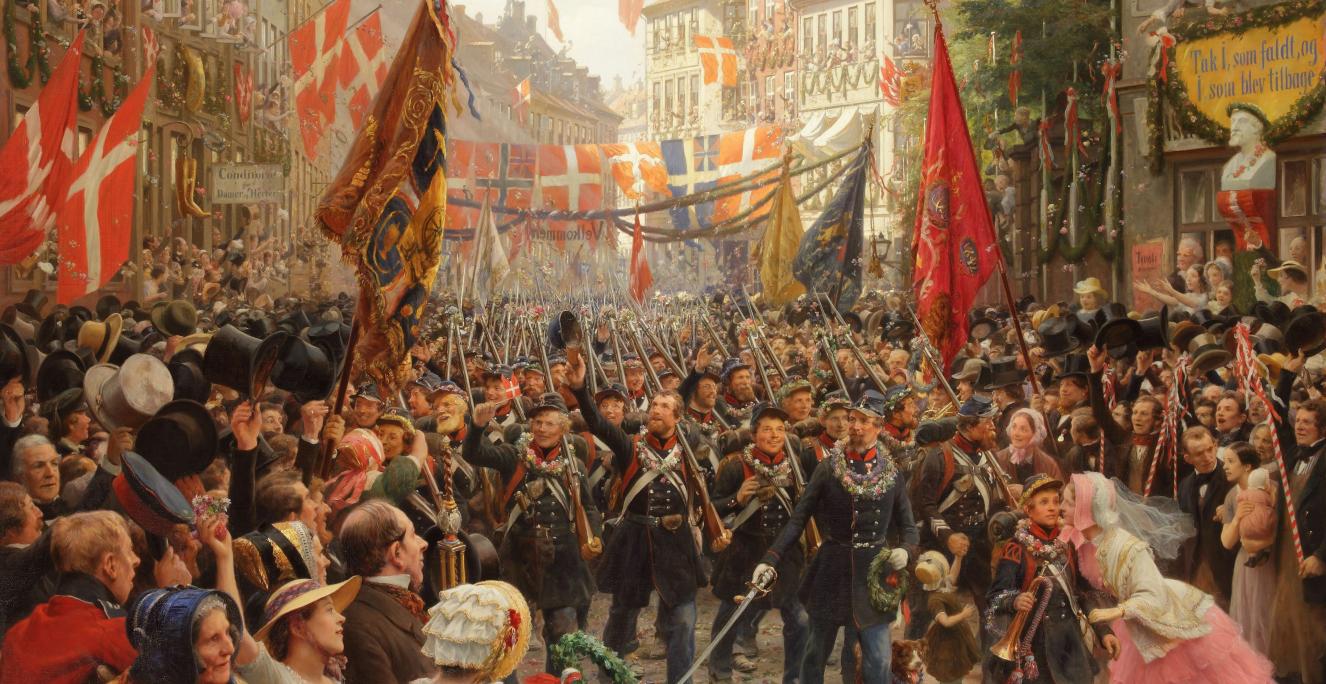 Danske soldater kommer tilbage til København i 1849, der var andet år i Treårskrigen Danske soldater kommer tilbage til København i 1849, der var andet år i Treårskrigen